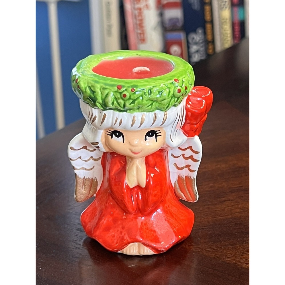 Angel Candle Holder Vintage Praying Hands Christmas Kitschy Big Eyes Retro